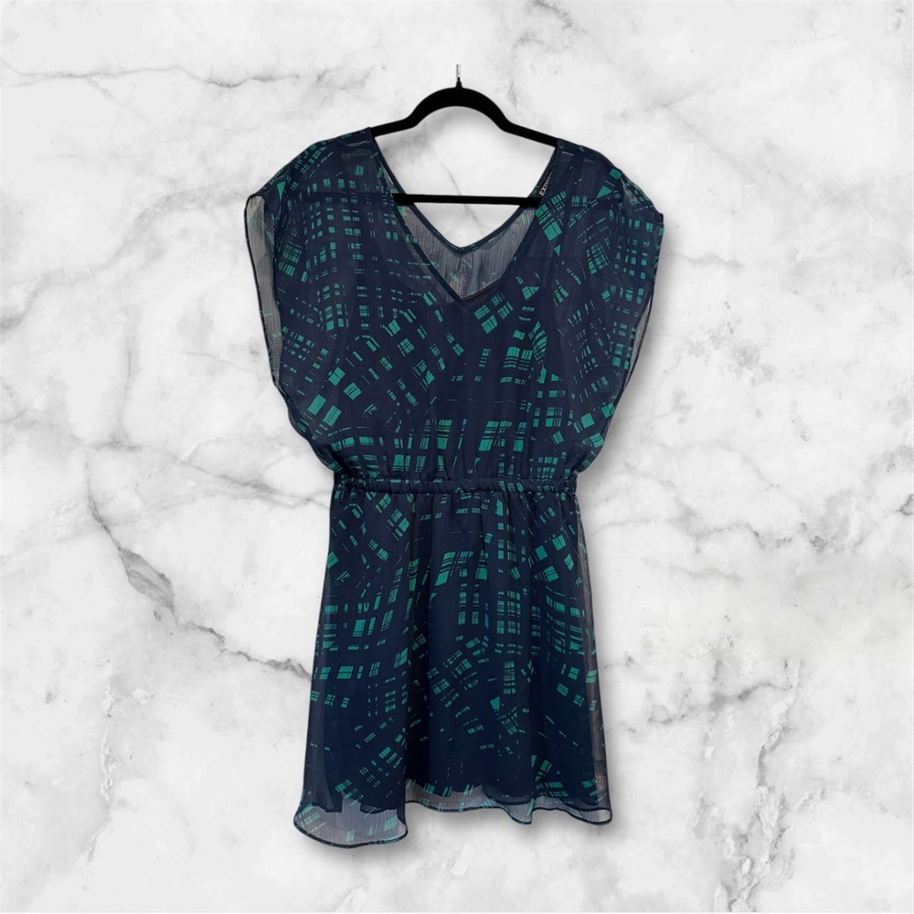 Express Navy and Teal V-neck Dress. Navy camisole dress under for sheer overlay.